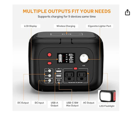 228Wh Solar Lithium Battery 300W Portable Power Station With Led Light